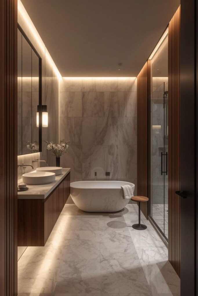 Warm Ambient Lighting Creates Spa Mood In Modern Bathroom Design