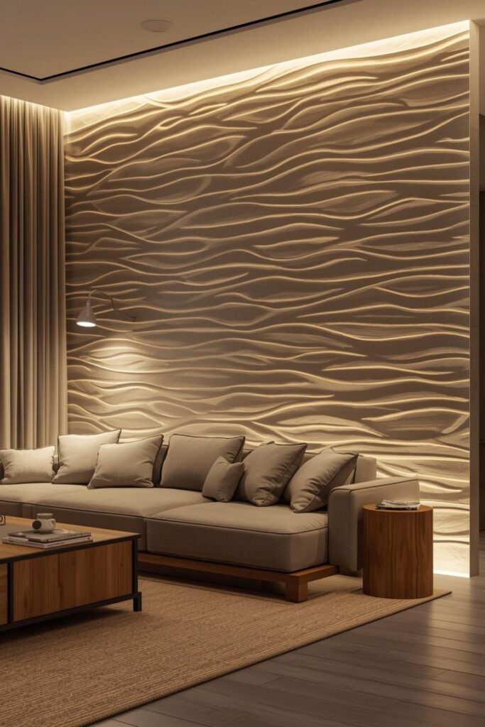 Warm Ambient Lighting Luxury Living Room with Sculptural Wave Textured Feature Wall