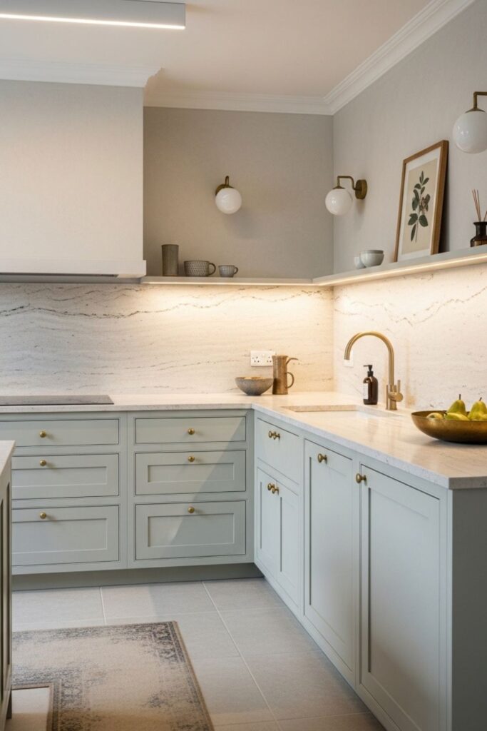 Warm Greige Cabinets With Cream Stone and Oak Details