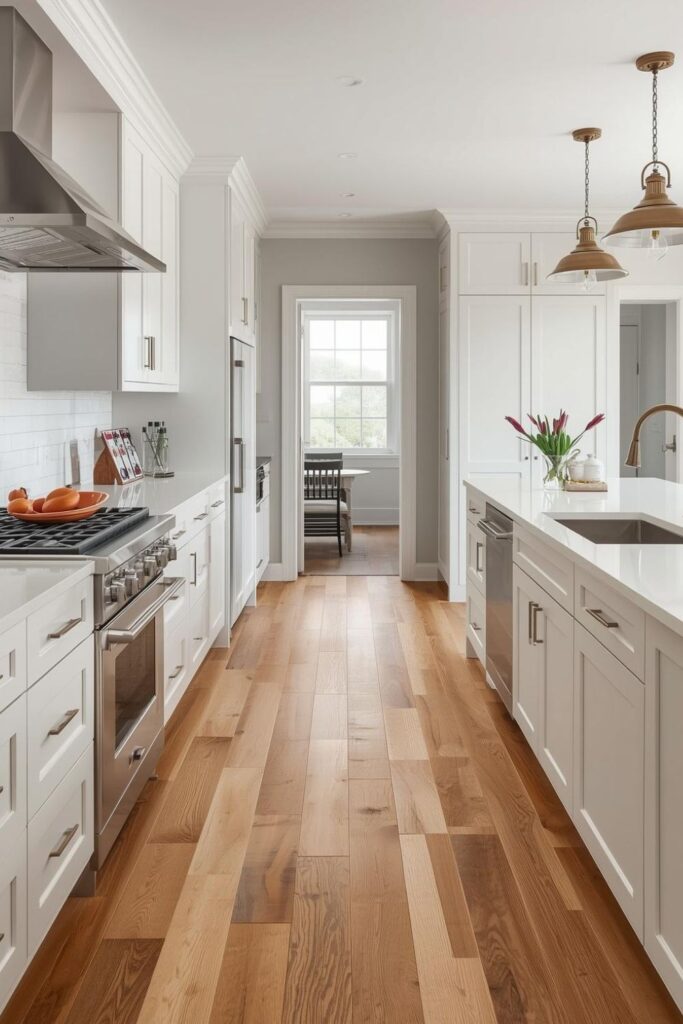 Warm Oak Floor Colour That Makes White Kitchens Feel Cosy