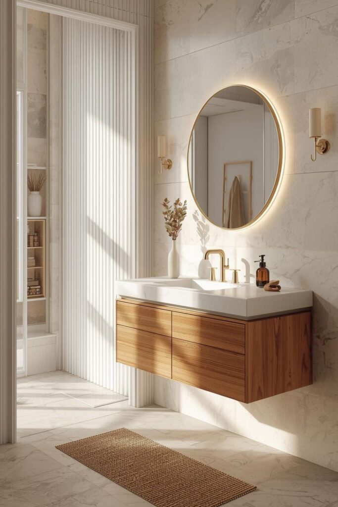 Warm Oak Vanity With Ribbed Tile Feature Wall Appeal
