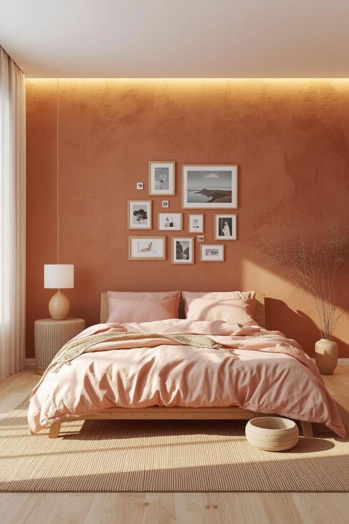 Warm Pink Gallery Wall Above Low Bed In Japandi Calm