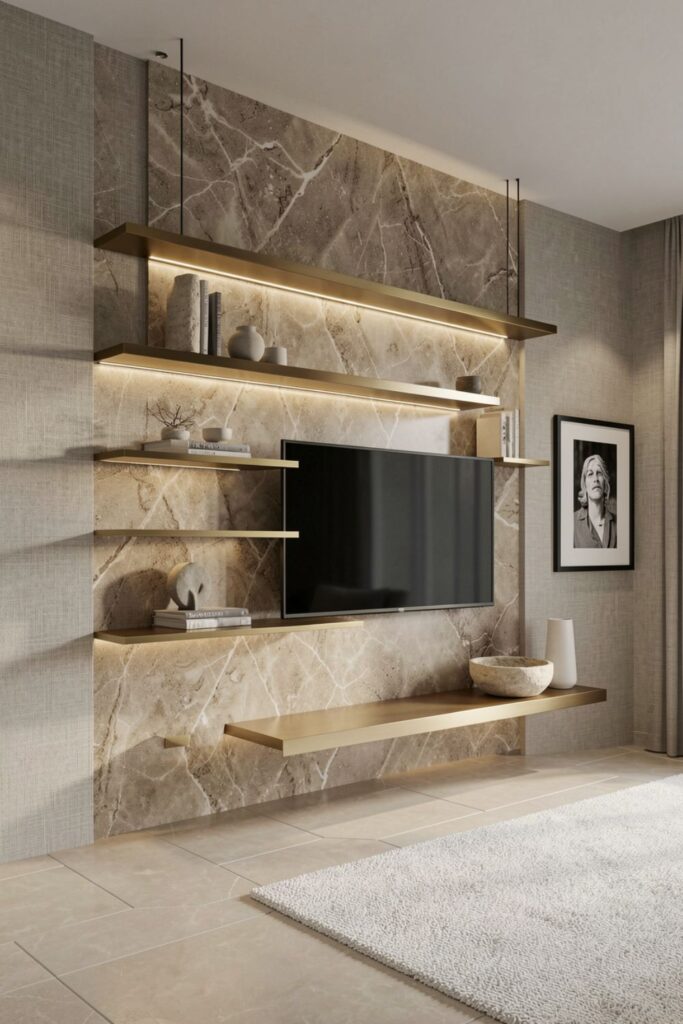 Warm Taupe Marble TV Wall with Gold Floating Shelves