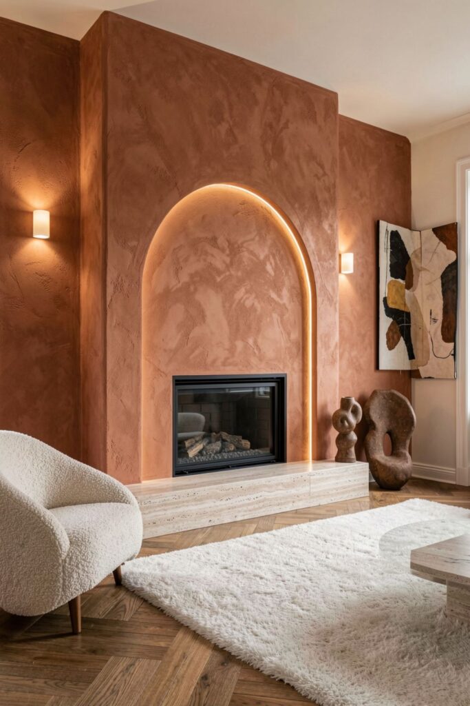 Warm Terracotta Limewash Fireplace With Arched Niche Detail