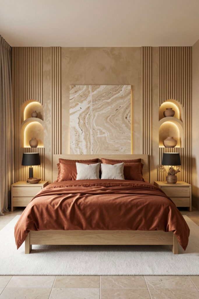 Warm Terracotta Silk Duvet Set with Natural Woven Textures
