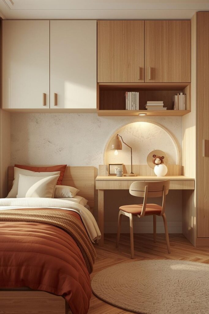 Warm Terracotta Study Wall with Arched Shelf Detail