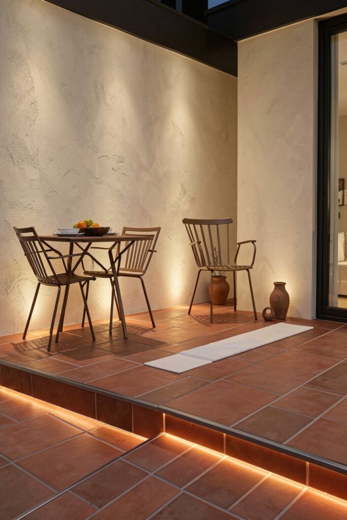 Warm Terracotta Tile Deck Level With Bistro Set and Uplights