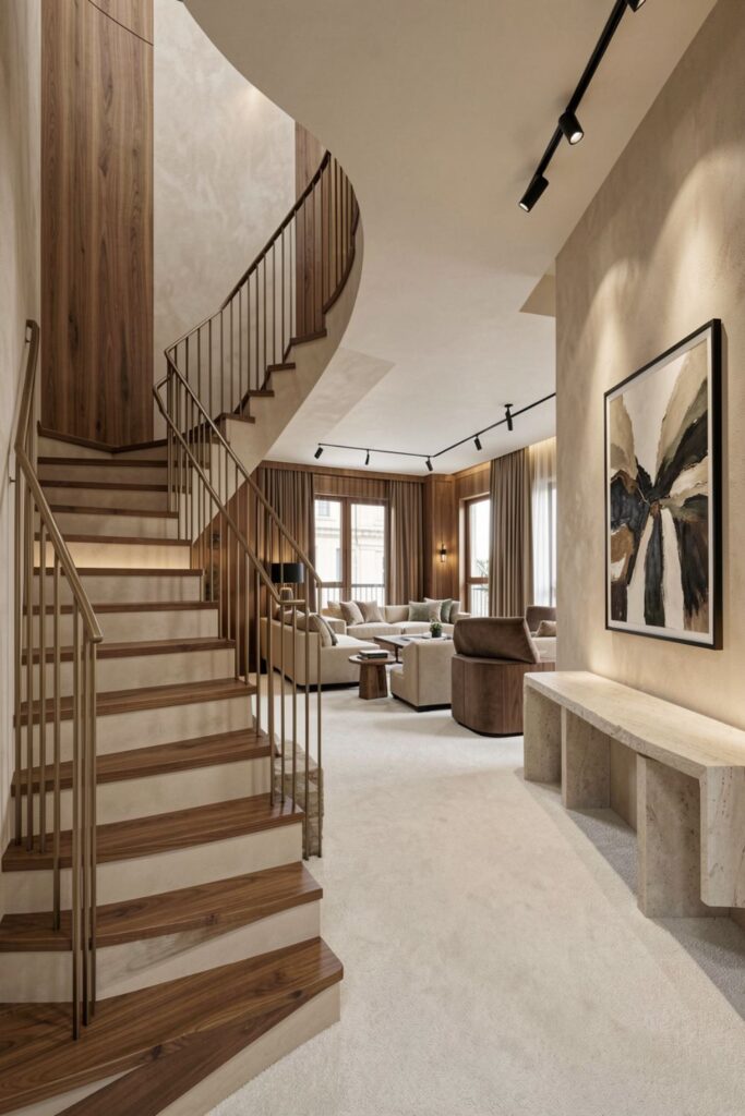 Warm Walnut Foyer Opening Into an Oversized Living Room