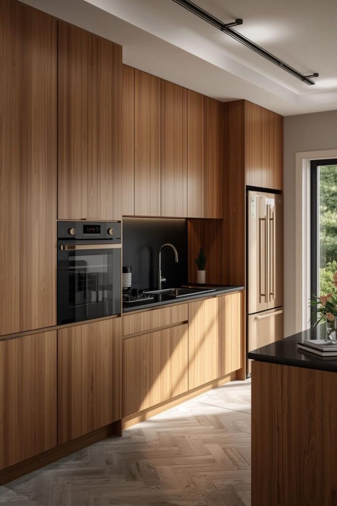 Warm Wood Kitchen Cabinets With Built-In Appliances and Minimal Decor