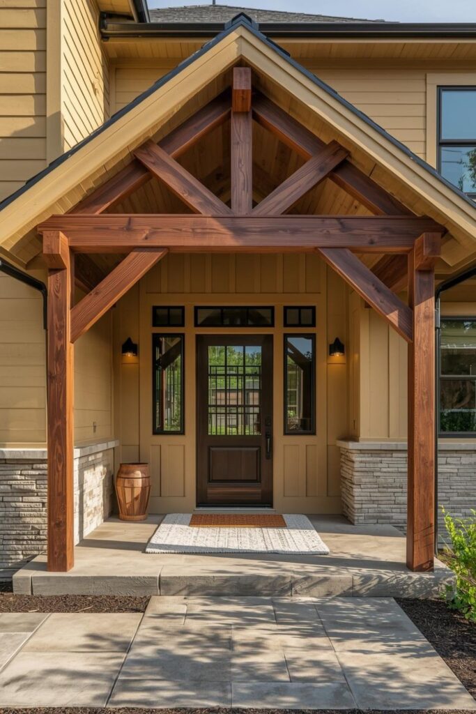 Warm Yellow Cottage With Natural Stone Base and Timber Beams
