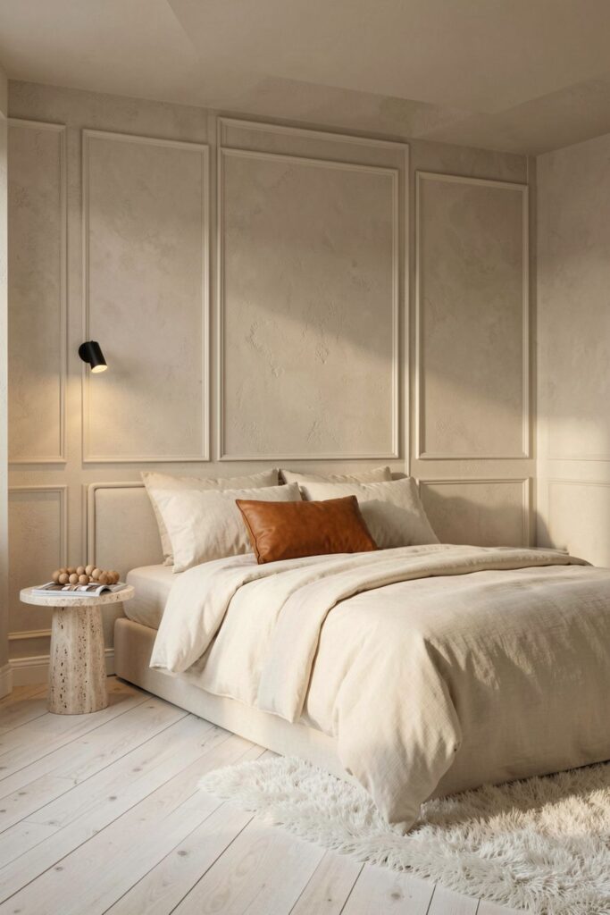 Warm minimalist bedroom with caramel leather pillow and travertine table