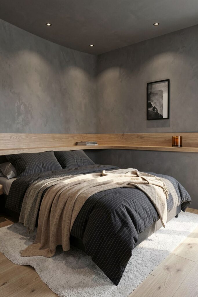 Warm minimalist bedroom with charcoal pinstripe bedding and oak ledge