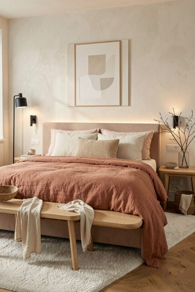 Warm minimalist bedroom with clay-toned linen and a curved oak bench