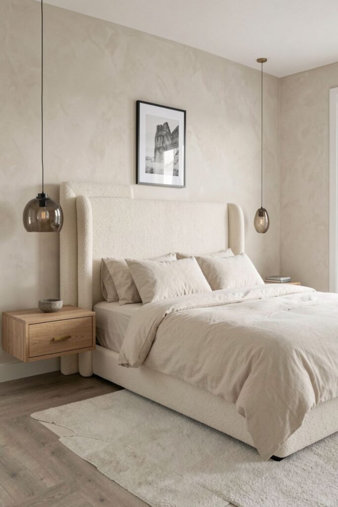 Warm minimalist bedroom with creamy boucle headboard and brass detail