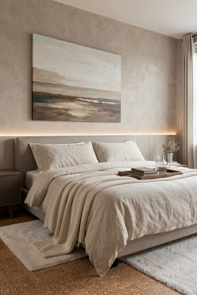 Warm minimalist bedroom with horizon artwork and flax bedding