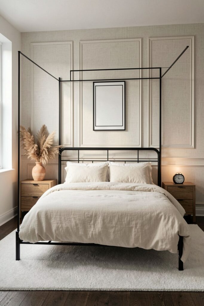 Warm minimalist bedroom with ivory canopy frame and smoked oak tones