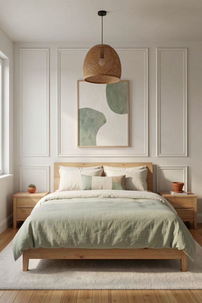 Warm minimalist bedroom with pale sage linen and rattan pendant