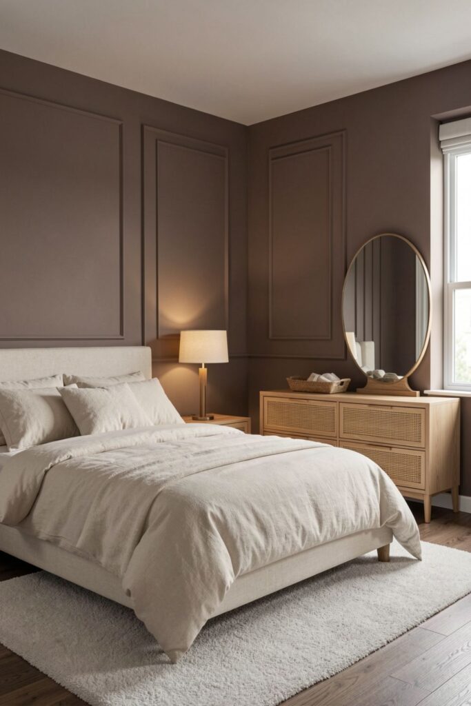 Warm minimalist bedroom with soft mocha walls and a cane-front dresser