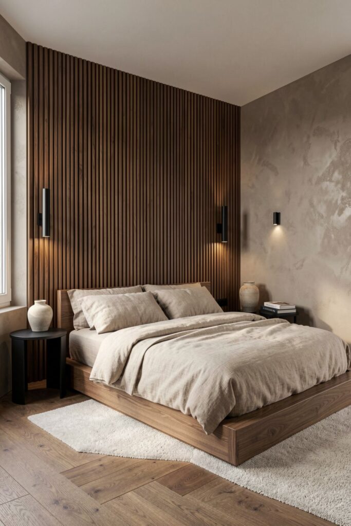Warm minimalist bedroom with walnut slat wall and calm layers
