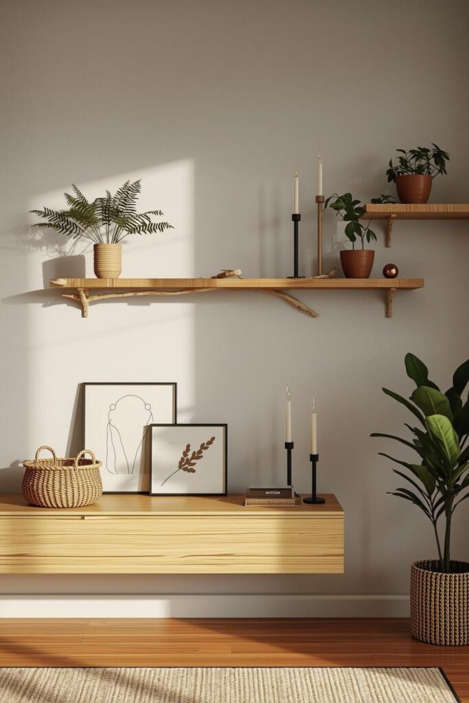 Warm neutral wall decor featuring branch shelving and floating wood ledges