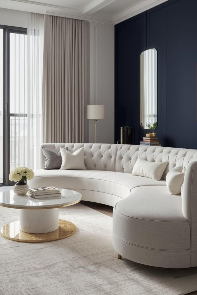 White Curved Tufted Sectional Sofa Ideas for Modern Glam Living Rooms