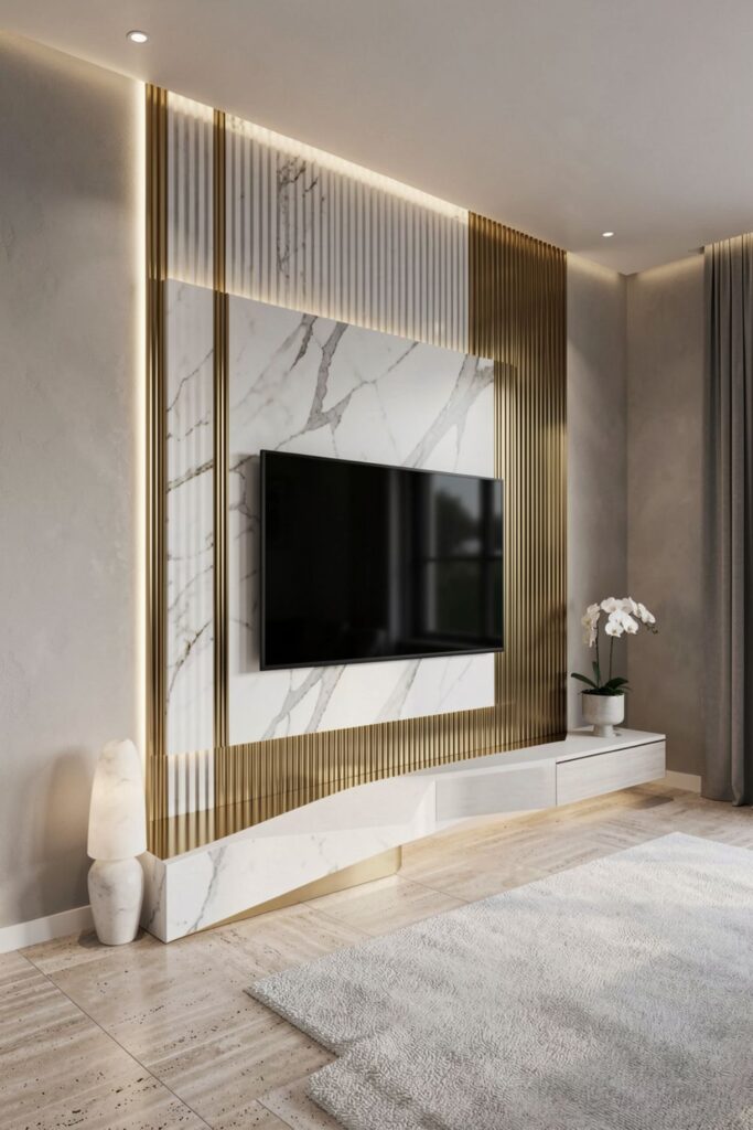 White Marble Slab TV Wall with Ribbed Gold Trim Details