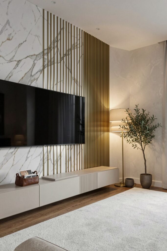 White Marble TV Wall with Gold Slat Divider Sidebar