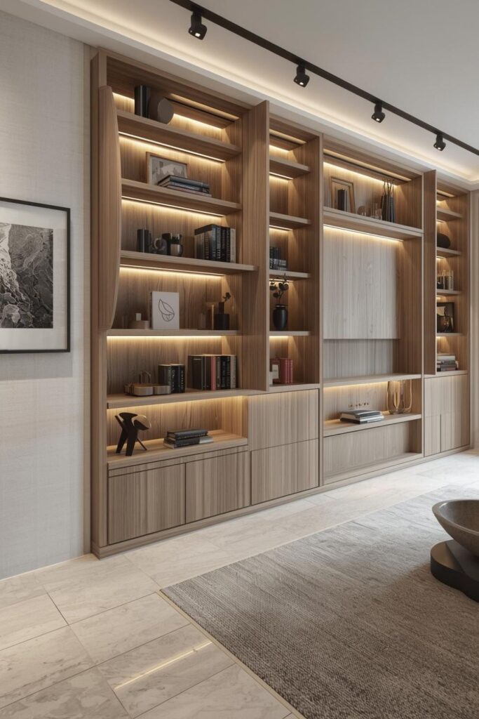 White Oak Bookshelf Wall With Integrated Cool LED Lines