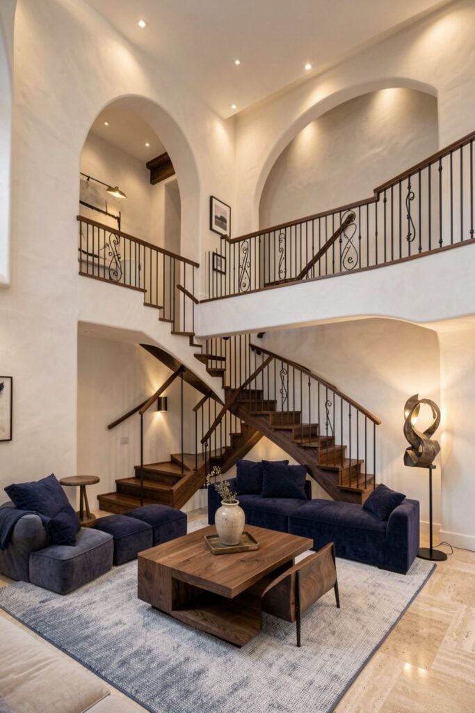 White Plaster Archways With Indigo Accents And Walnut Stair