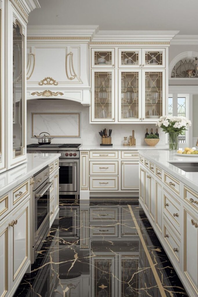 White and Gold Cabinet Details for a Palace-Style Kitchen