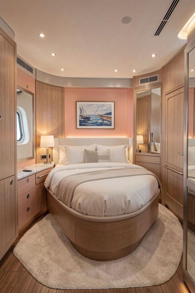 Wide-Beam Guest Cabin With Coral Accents and Matte Teak