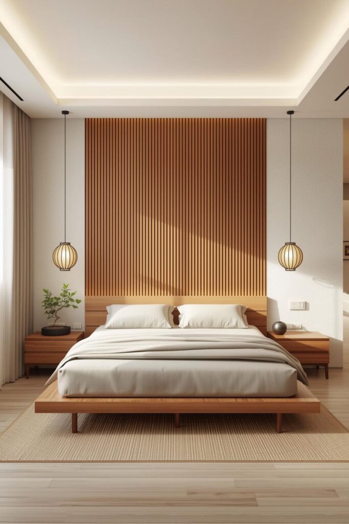 Wide Slats in a Japandi Bedroom for Calm, Natural Balance