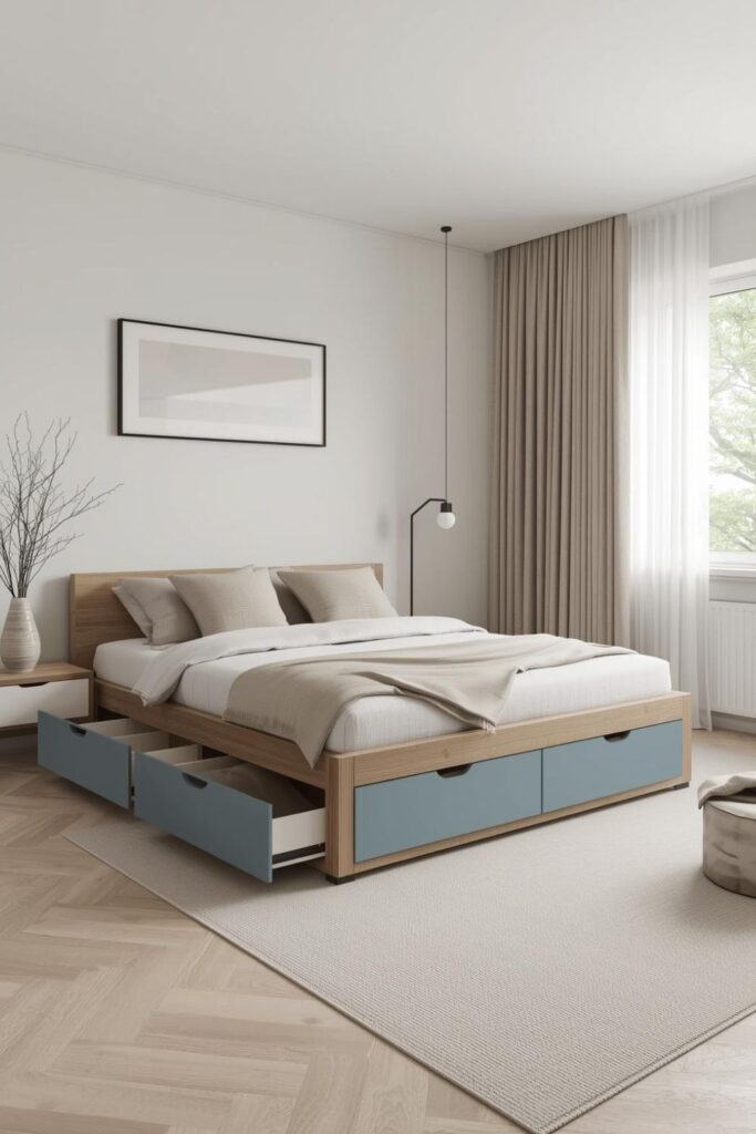 Wooden Storage Bed with Rolling Under-Bed Drawers and Minimalist Modern Bedroom Styling