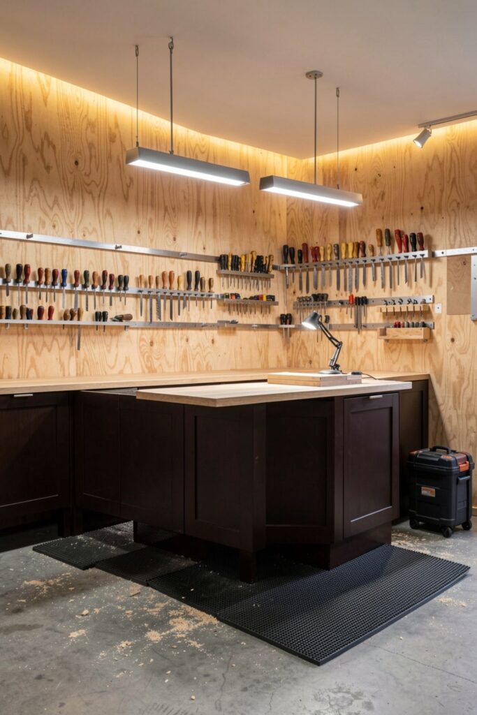 Woodworker’s Bench Wall With Dust-Control Cabinet and Tool Tills
