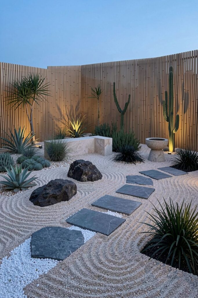 Zen-Inspired Pebble Garden with Stone Seating and Subtle Lighting