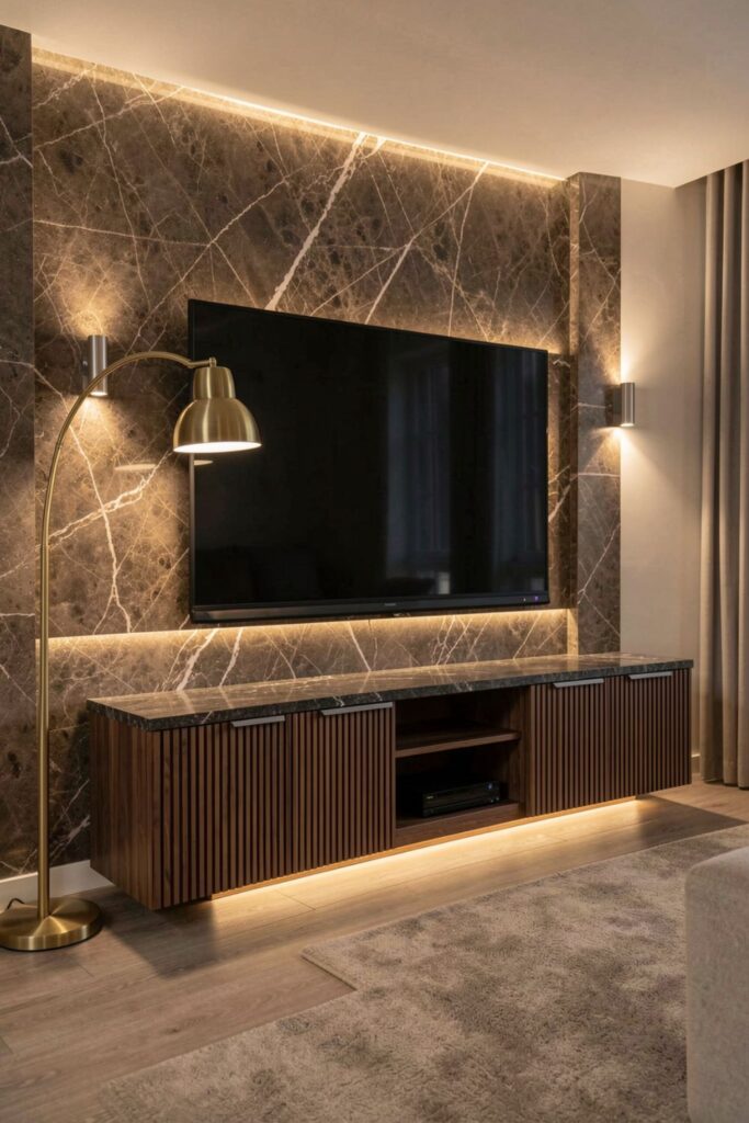 brown Marquina Marble TV Wall with Soft Gold Arc Lamp
