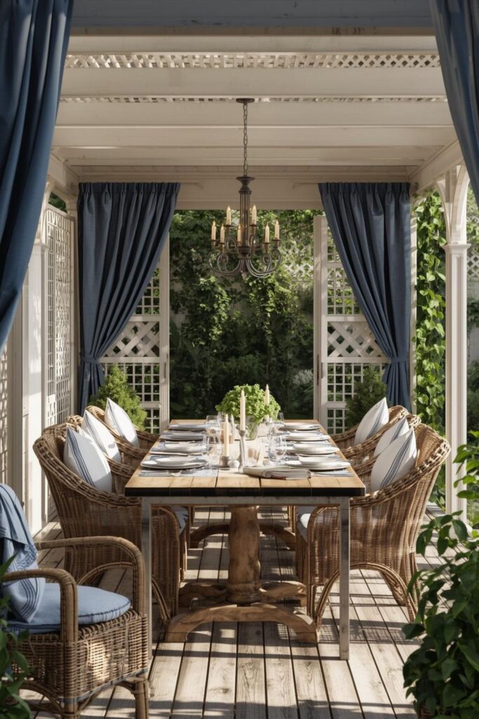 Blue Drapes and White Pavilion with Wicker Chairs for Relaxed Luxury Dining