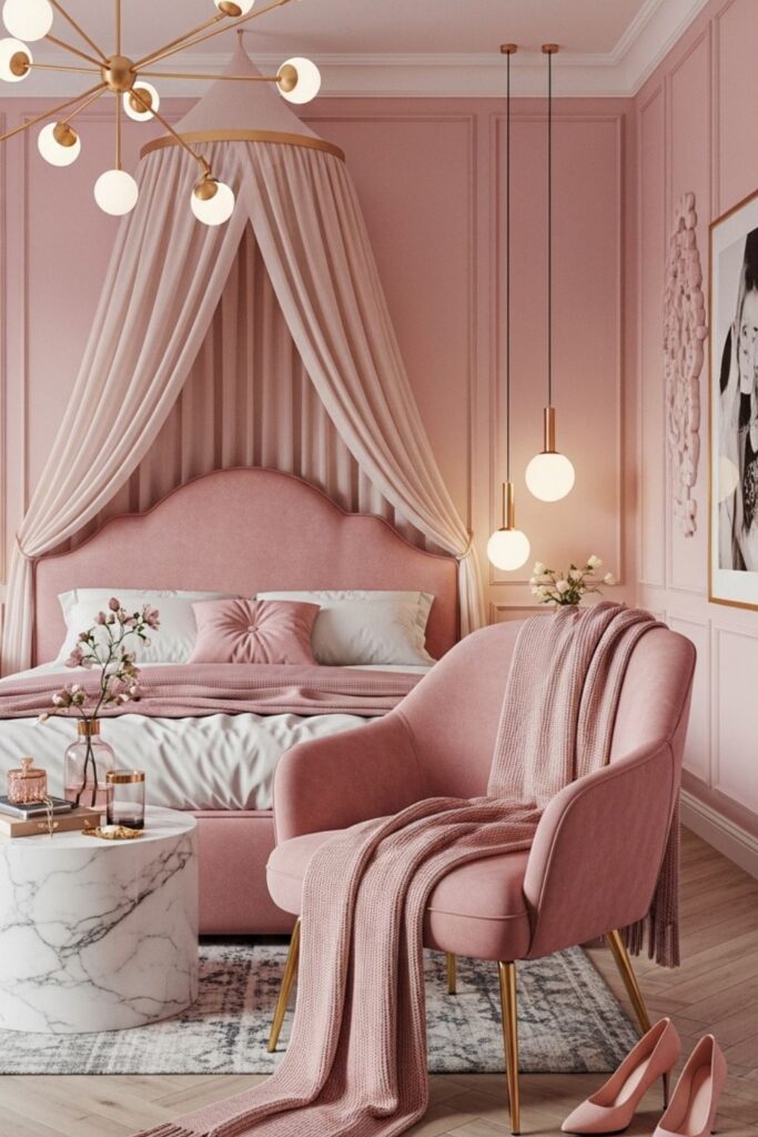 Blush Accent Chair Corner in Luxury Bedroom Pink Aesthetic Room Canopy Bed Theme