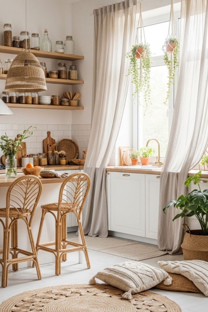 Bright airy boho kitchen, modern kitchen with warm wood, and natural decor