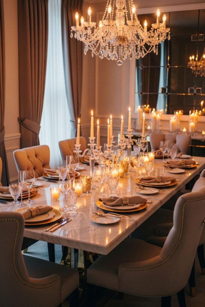 Candlelit Luxury Glam Dining Room Tablescape Under Crystal Chandelier