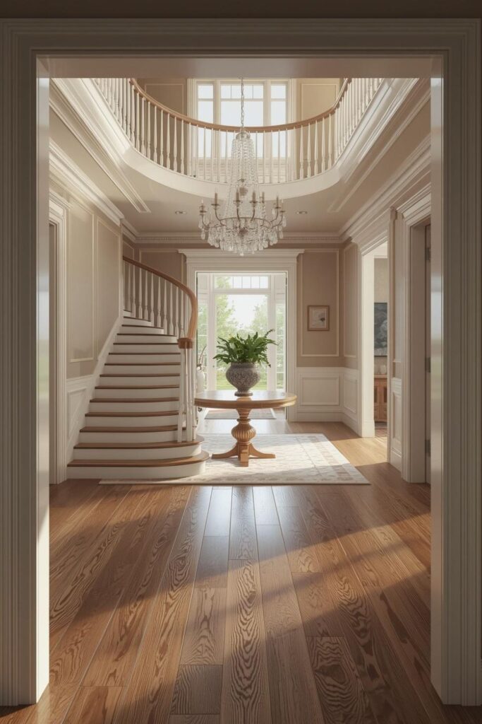 Classic Entryway Grand Staircase with Chandelier and Polished Hardwood Floors