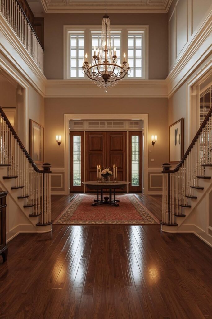 Classic Entryway Staircase Design with Evening Glow and Warm Chandelier Light