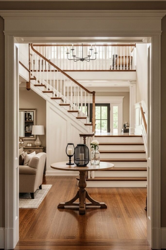 Classic Entryway with Grand Staircase, Black Metal Accents, and Timeless Warm Neutrals