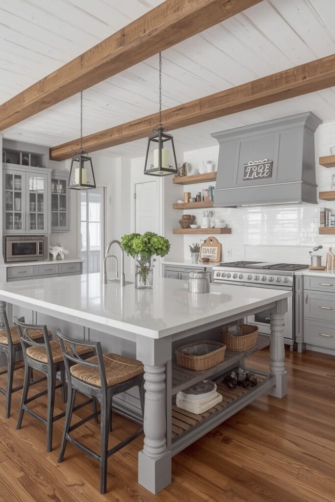 Clean Rustic Modern Farmhouse Kitchen Look with Farmhouse Island, Lantern Pendant Lights, and Open Shelving