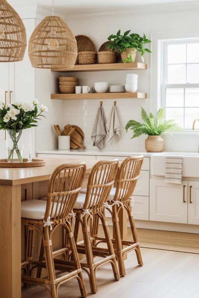 Coastal boho kitchen, modern kitchen with warm wood, kitchen with natural textures