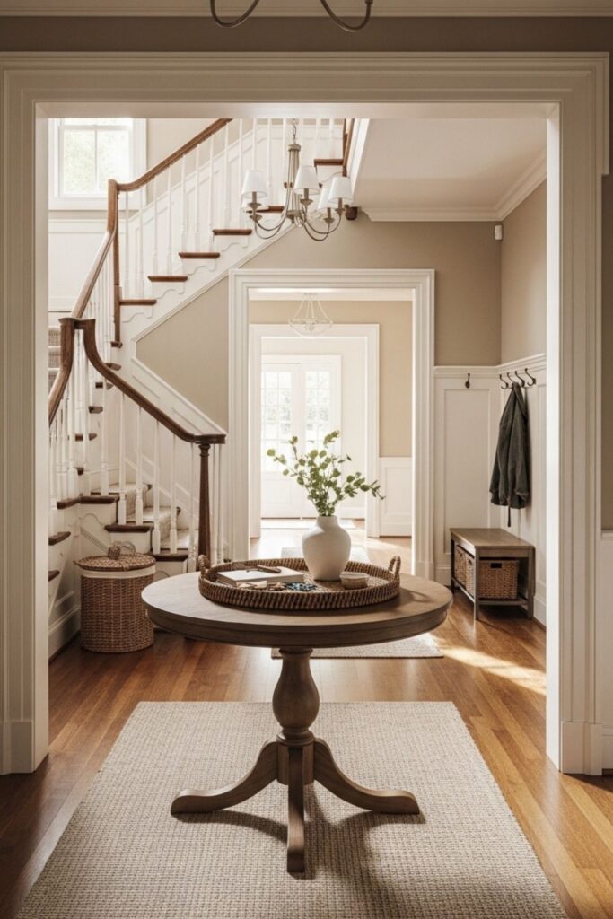 Cozy Family Classic Entryway with Grand Staircase and Practical Storage Style
