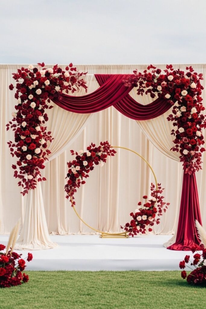 Cream Draped Garden Arch with Maroon Floral Clusters