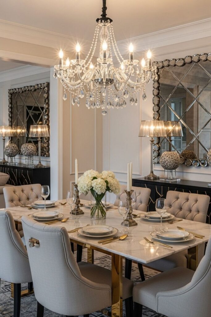 Crystal Chandelier Lighting in a Modern Classic Luxury Dining Room