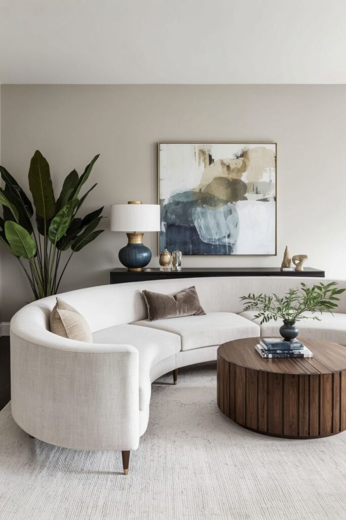 Curved Beige Sofa Styling in a Neutral Modern Luxury Living Room 