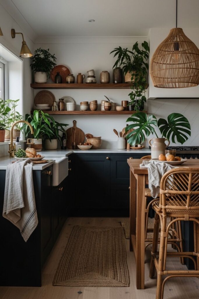 Dark boho kitchen, modern kitchen with warm wood, and natural textures